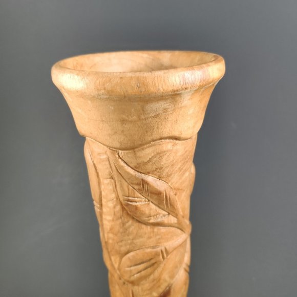 Vintage Hand Carved Wooden Relief Vase 10" - Picture 8 of 10